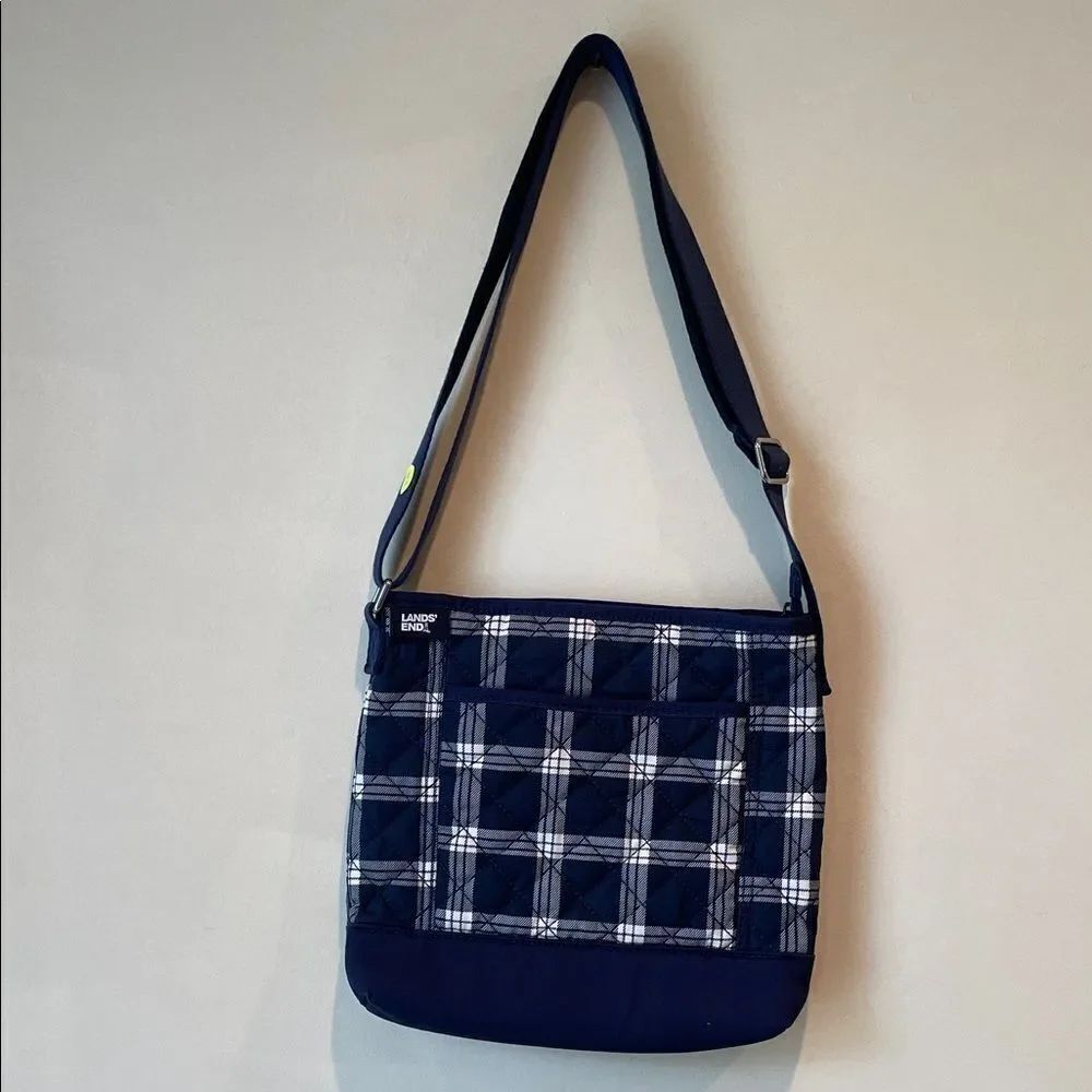 Lands End Navy and White Checkered Shoulder Bag